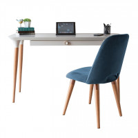 Manhattan Comfort 2-2532511020563 2-Piece HomeDock Office Desk with Organization Compartments and Selina Accent Chair Set in Off White and Blue